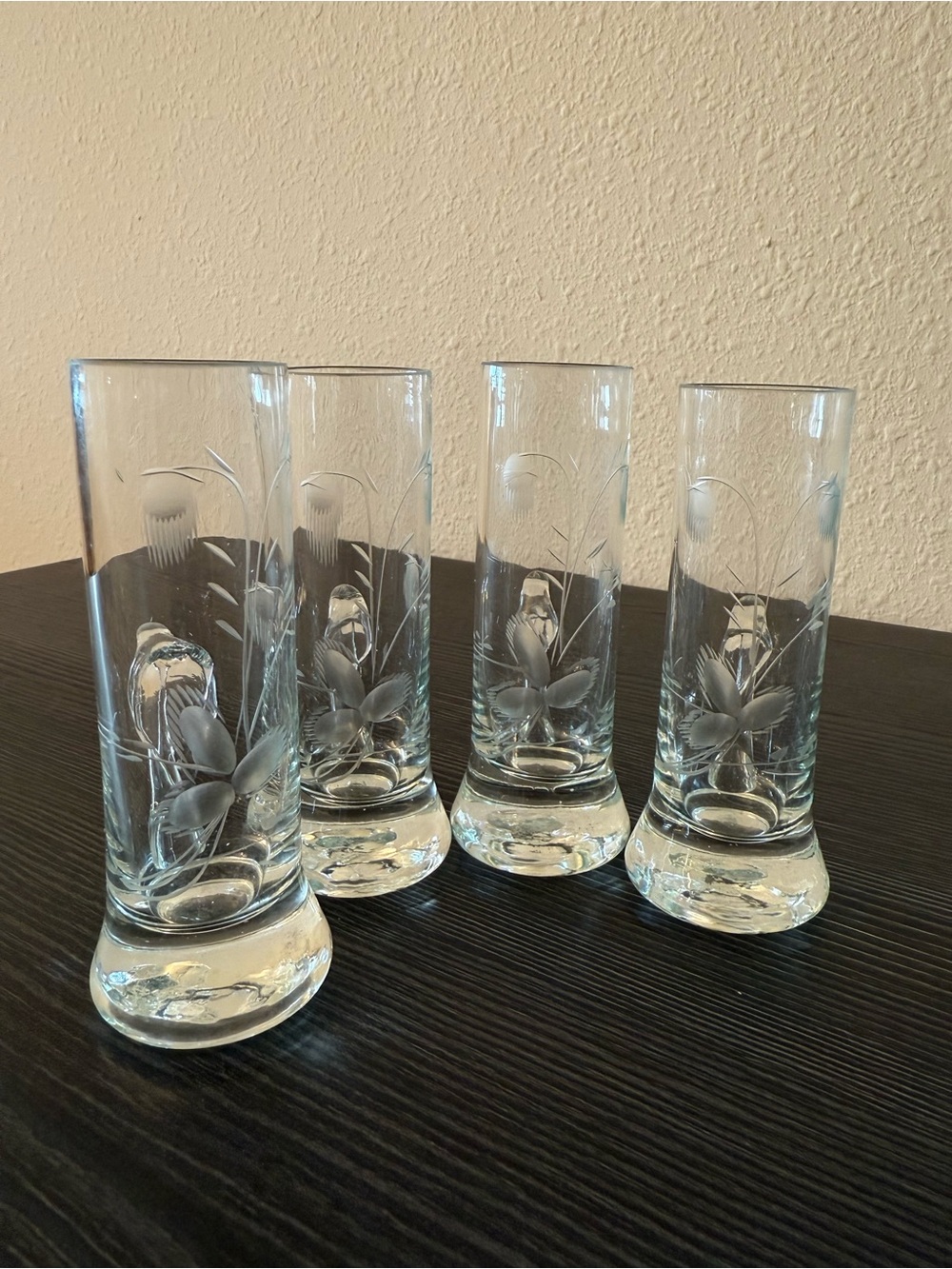 4x Vintage Etched Floral Crystal Cordial / Shot Glasses